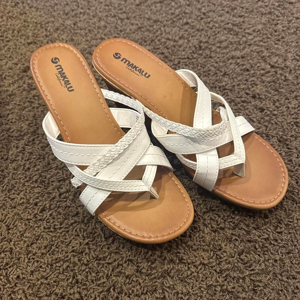 Makalu California Womens White Strappy Braided Wedge Sandals Summer Boho Slip On